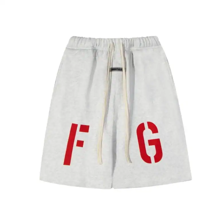 Faded gray shorts with bold red "L" and "G" letters, featuring an elastic waistband and drawstring for a relaxed fit, perfect for casual, affordable fashion.