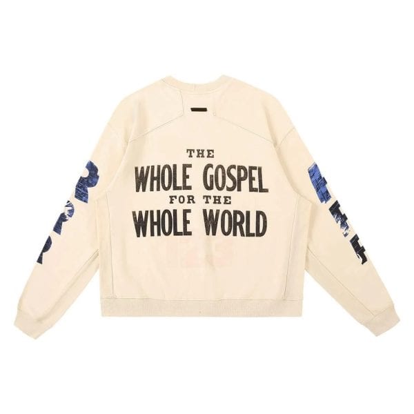 Soft beige sweatshirt with bold black print and blue graphic text on sleeves promoting affordable, trendy apparel latest cheap apparel collection for everyday wear.