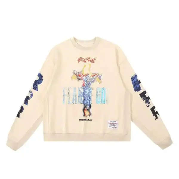 Vintage cream sweatshirt with colorful graphic and text design, featuring artistic imagery on the front and sleeve details for a trendy, casual look.