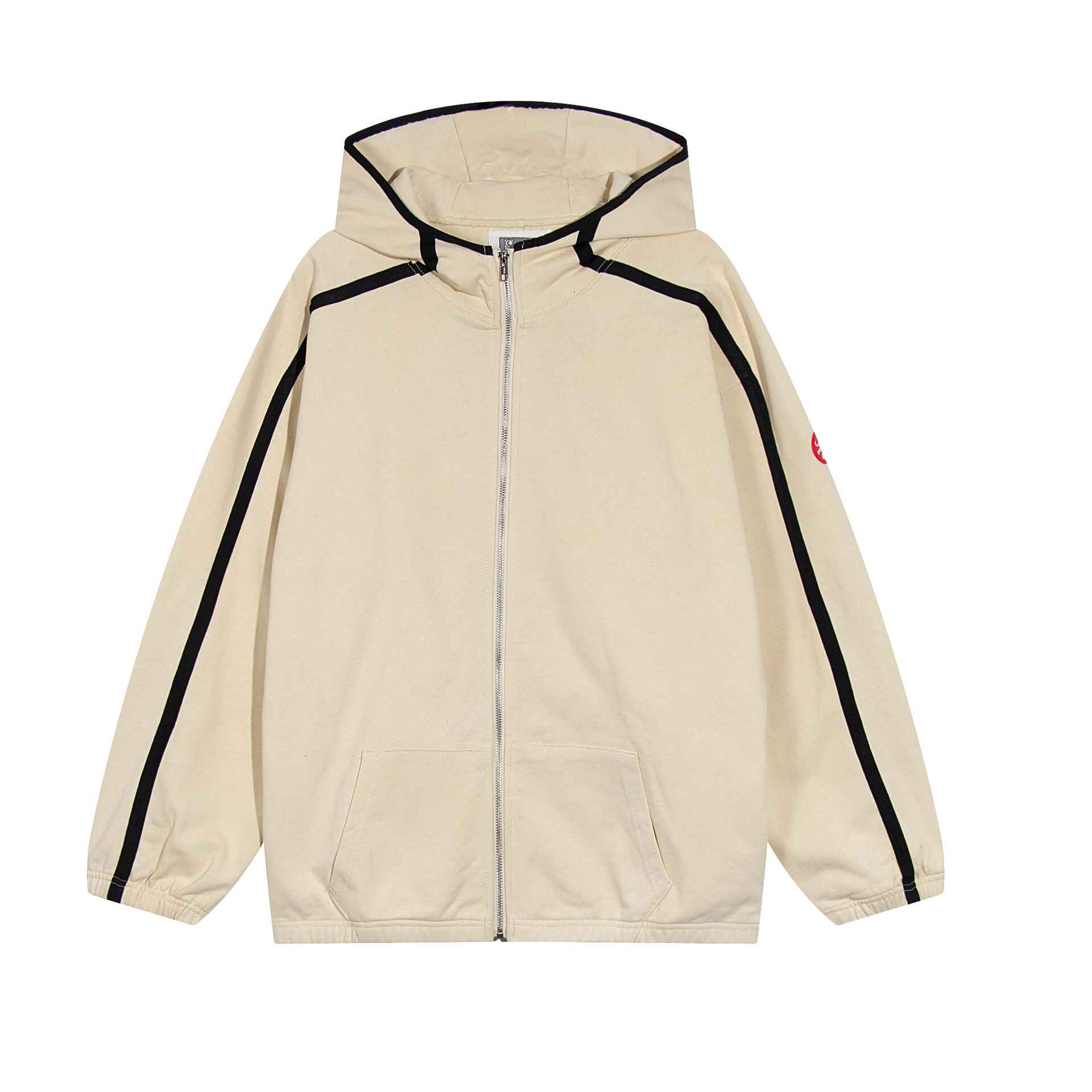 Comfortable cream hoodie with black piping, front zipper, and spacious pockets, perfect for casual wear. Features a stylish design with a logo patch on the sleeve for added detail.