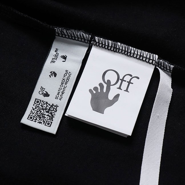 Black apparel tag indicating size and authenticity with "Off" logo and QR code.