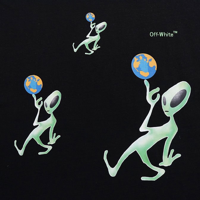 Earth-themed alien cartoon illustration on black background, minimalistic space design for casual or streetwear apparel, popular for trendy, affordable clothing collections today.