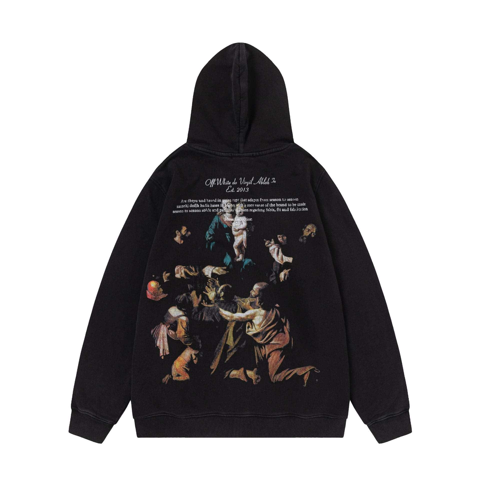 Vintage-inspired black hoodie with a classic religious painting graphic, perfect for stylish casual wear.