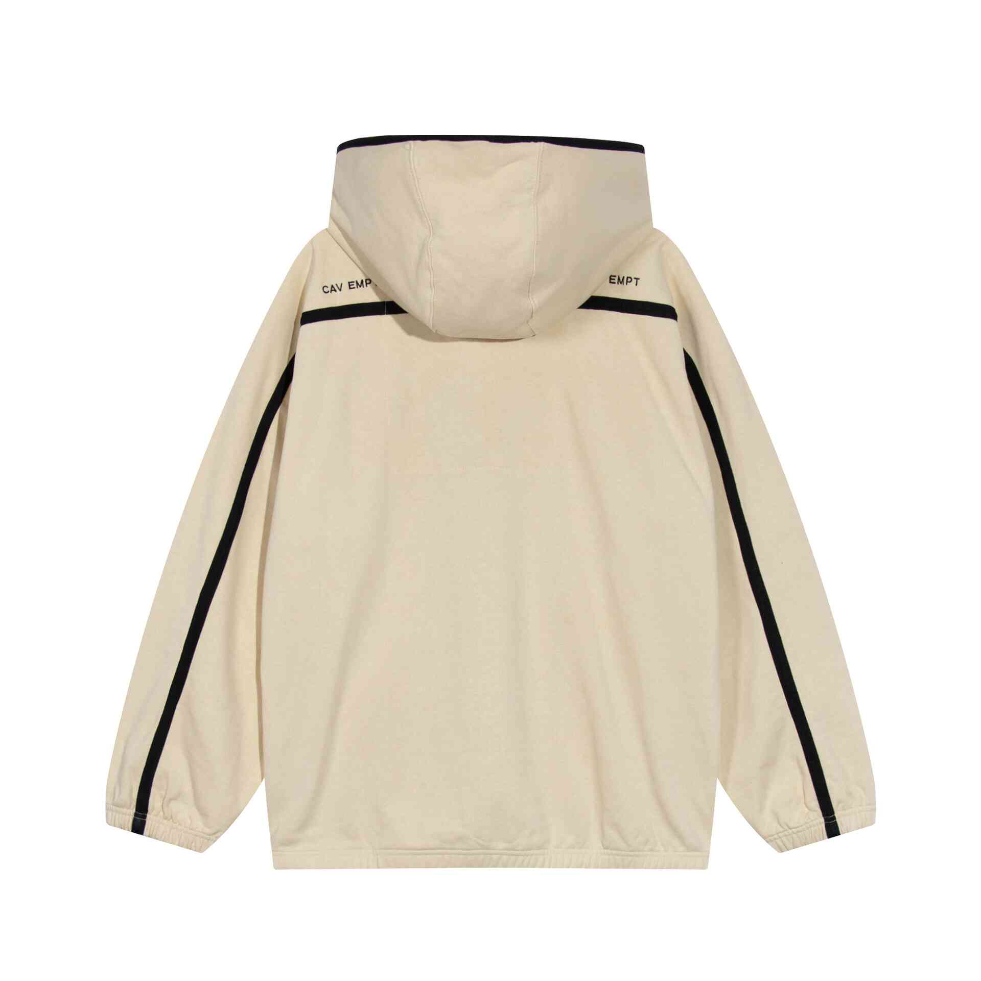 Cav Empt hoodie in beige with black stripe accents, lightweight and trendy. Perfect for casual wear and street style enthusiasts seeking affordable fashion options.