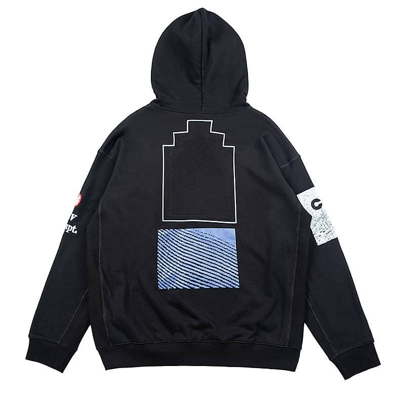 Minimalist black hoodie with modern graphic patches on sleeves and back, featuring abstract design elements and text detail. Perfect for trendy, affordable casual wear.
