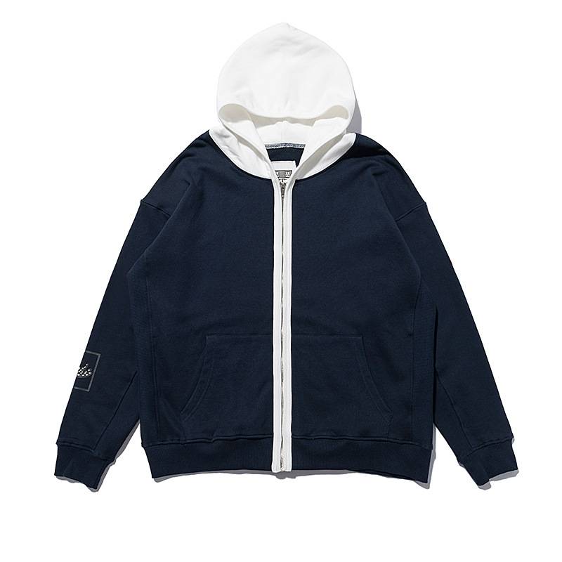 Dark blue and white zip-up hoodie with a white hood and pockets, affordable and stylish latest cheap apparel.