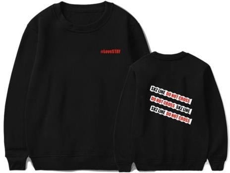 Black sweatshirt with #LoveSTAY text on front and multiple "SKZ LIKE DO NOT CROSS" symbols on back, trendy and affordable apparel for fans.