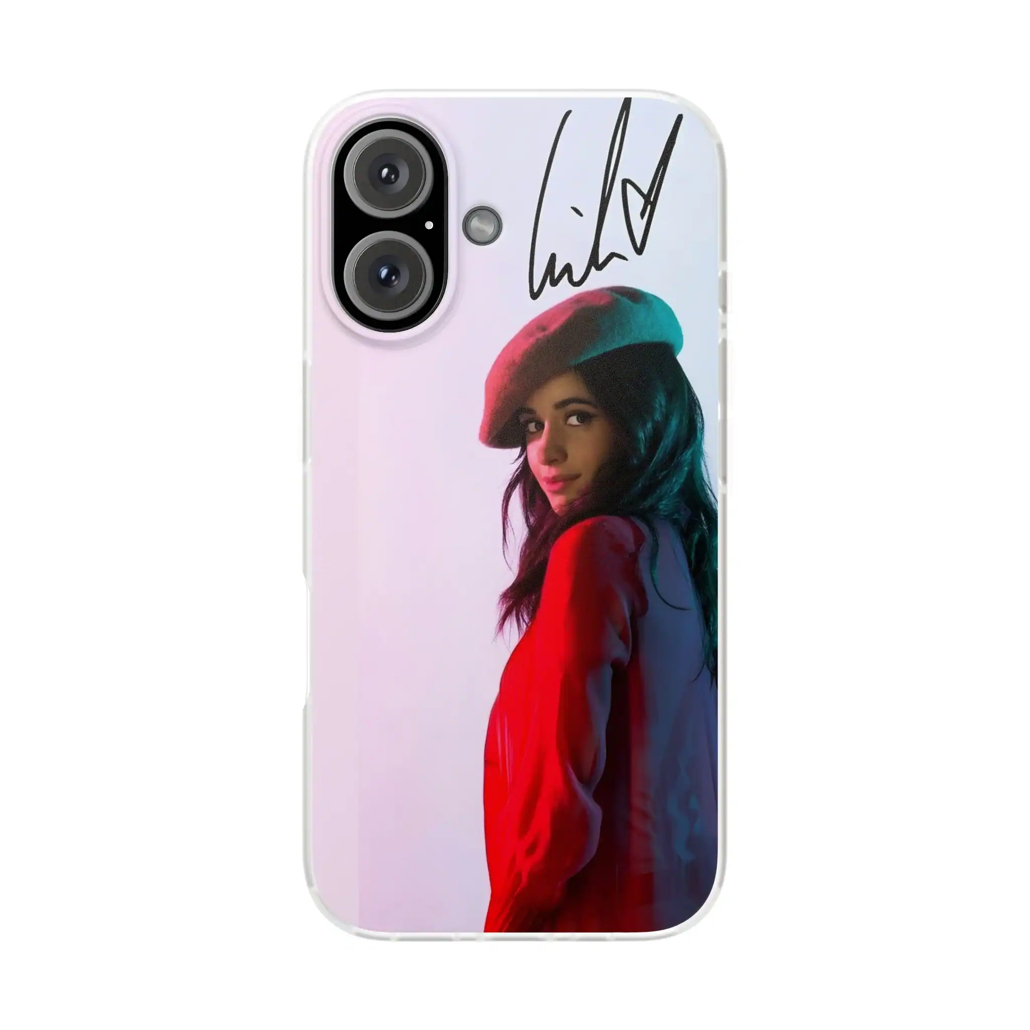 Fashionable phone case featuring a stylish young woman wearing a red jacket and beret, with a signature autograph on top, perfect for latest cheap apparel enthusiasts.
