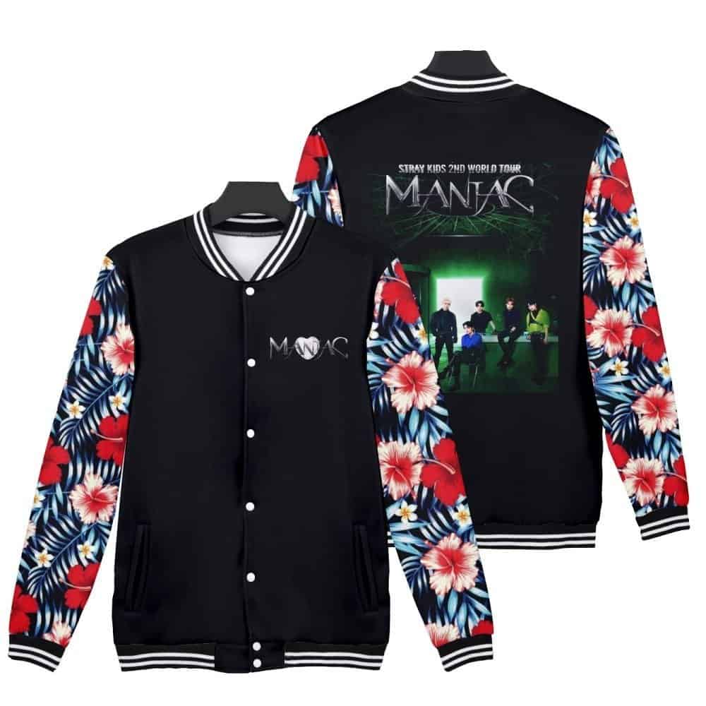 Black varsity jacket with vibrant floral sleeves, featuring "Maniac" graphic from the Stray Kids 2nd World Tour. Stylish and affordable clothing for fans and trendy fashion seekers.