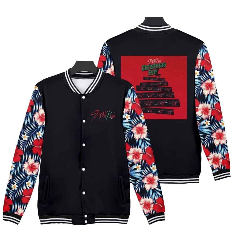 Black varsity jacket with colorful floral sleeves and Christmas-themed back print, perfect for stylish winter wear. Latest cheap apparel for festive fashion statements.