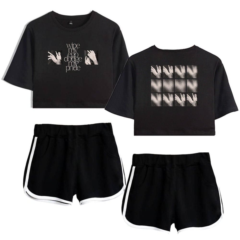 Black graphic crop top and shorts set, casual and affordable latest cheap apparel, trendy black t-shirt with abstract designs paired with sporty black shorts featuring white trim, perfect for a relaxed style.