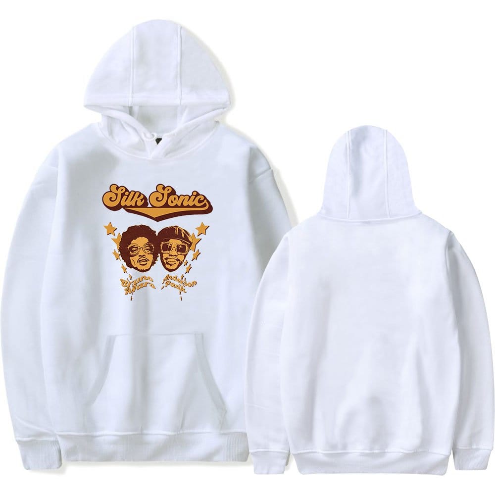 Premium white hoodie featuring a vintage-inspired graphic of two artists with "Silk Sonic" written above, perfect for latest cheap apparel enthusiasts.