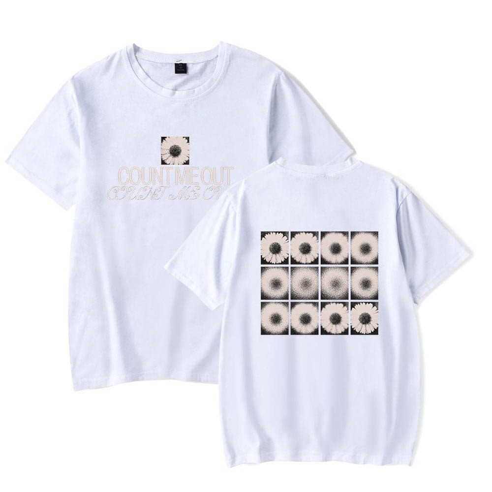 White graphic t-shirt with sunflower print and text design.