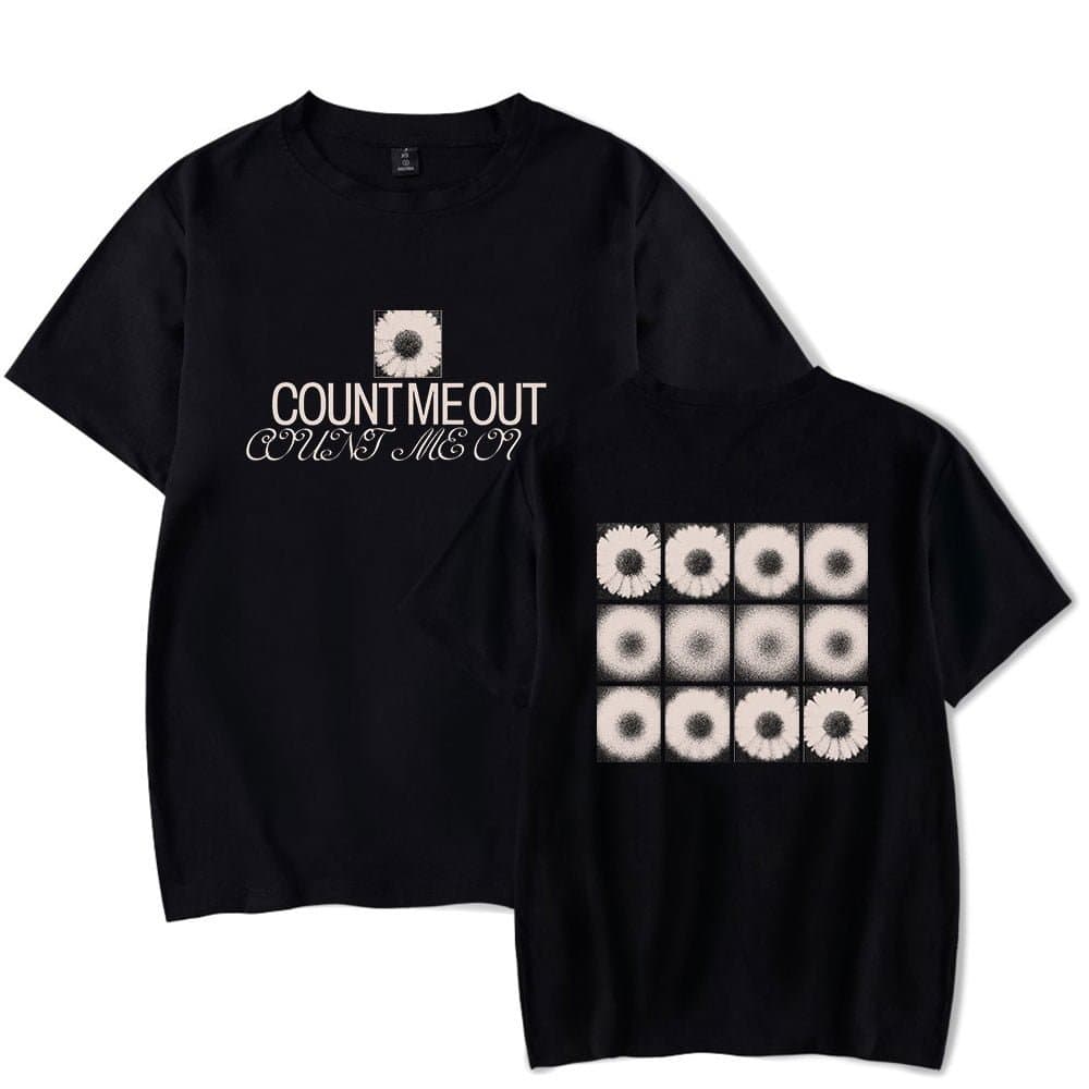 Countmeout-wint-m-t-shirt-black-flowers, Minimalist black t-shirt featuring floral graphic and "COUNT ME OUT" text, perfect for affordable, trendy style.