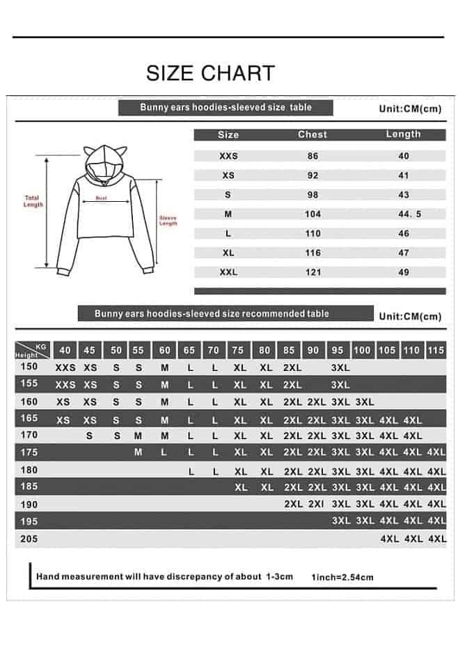 Bunny ears hoodie with size chart for affordable, trendy apparel, featuring various sizes for all ages, perfect for budget-conscious shoppers seeking stylish and cozy clothing options.