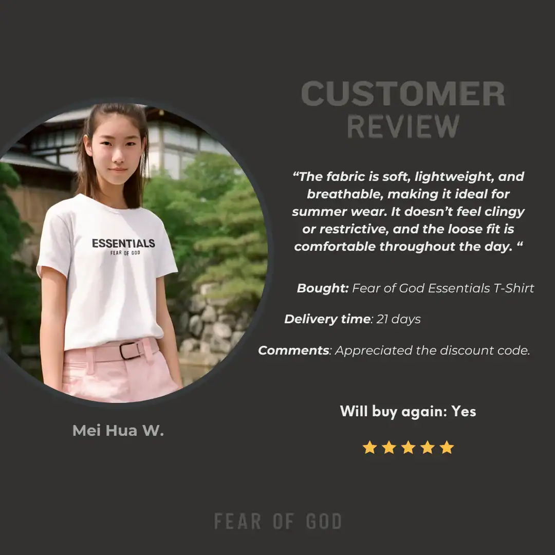 Comfy white t-shirt with "Essentials Fear of God" print, lightweight summer wear.