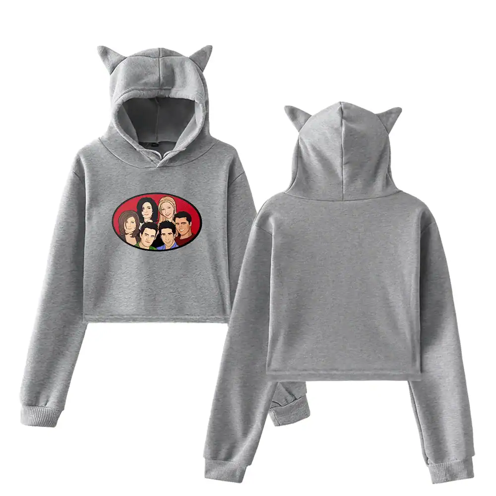 Hoodie with cartoon character design and cat ear hood, casual gray sweatshirt perfect for latest cheap apparel trends in affordable fashion.