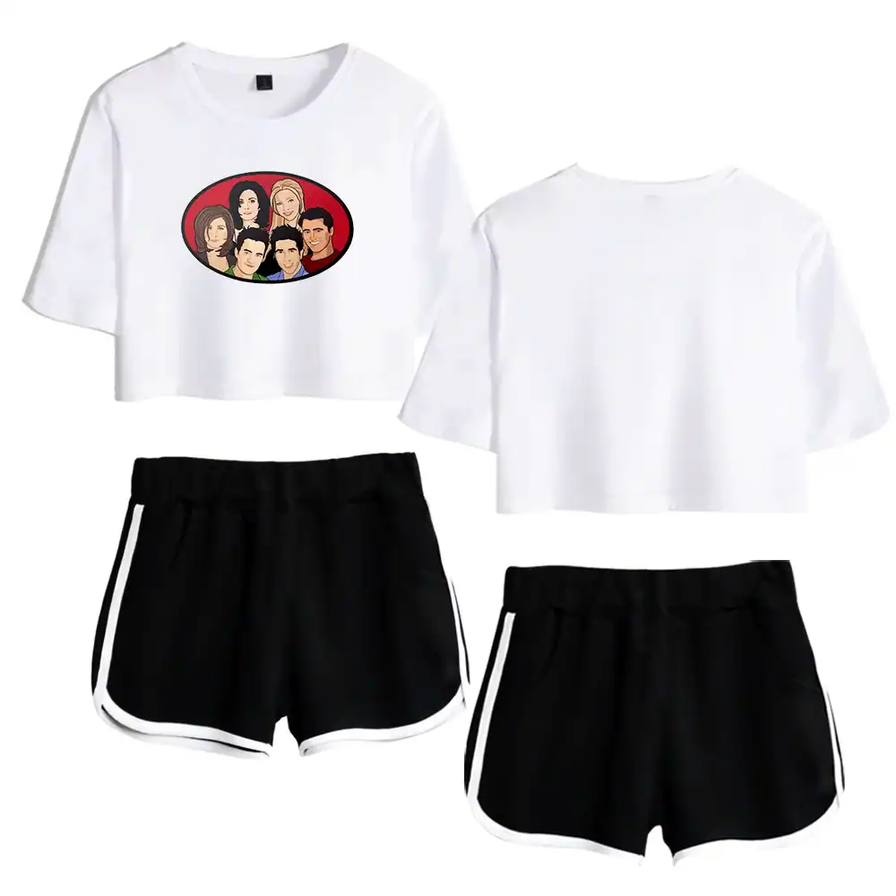 Graphic t-shirt with cartoon characters, casual black and white shorts, trendy affordable clothing for women, latest cheap apparel options for activewear and everyday wear.