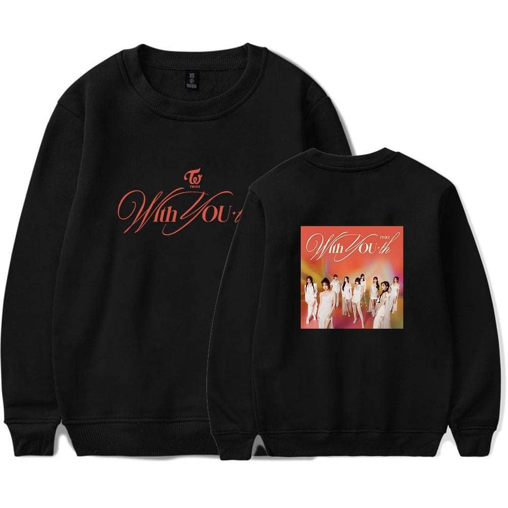Black sweatshirt featuring a graphic design and the text "With You" in stylish red script, inspired by popular K-pop group TWICE.