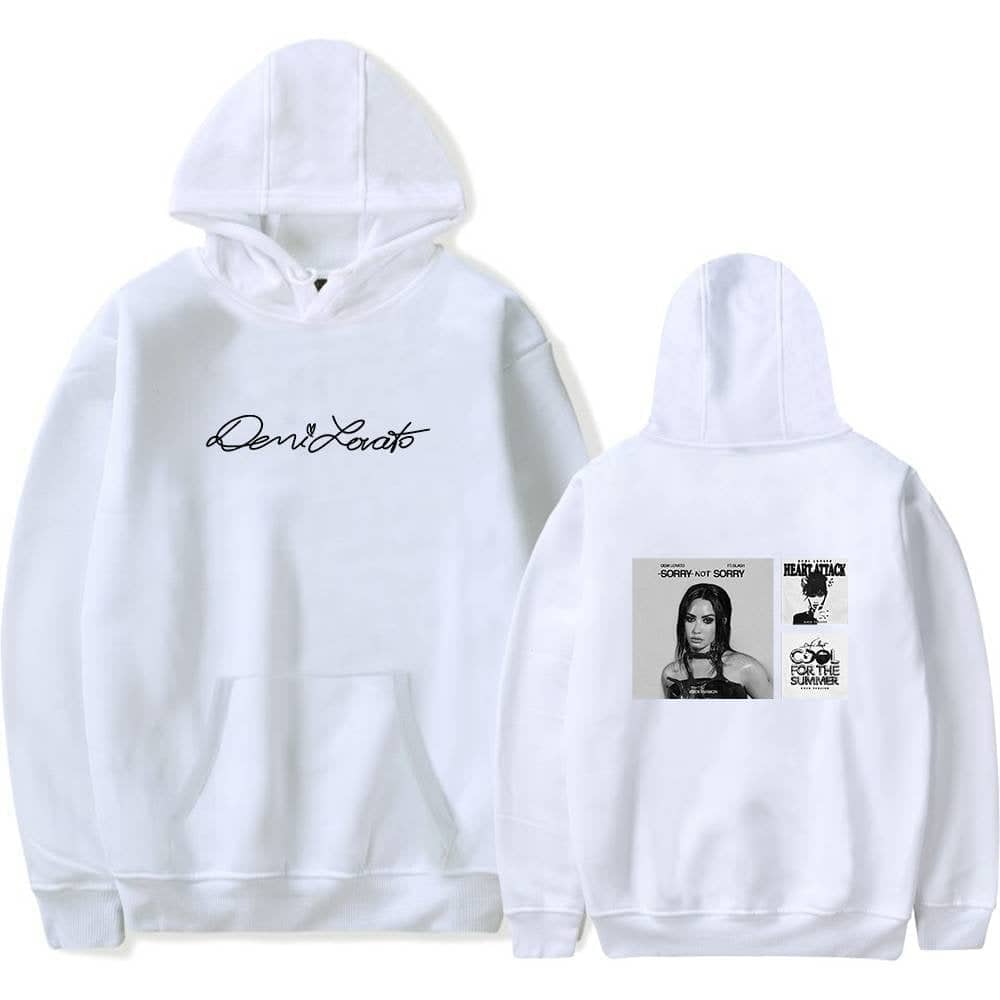 Demi Lovato white hoodie with trendy graphic prints on the back, stylish and affordable for latest cheap apparel fashion trends. Perfect for casual wear and street style.