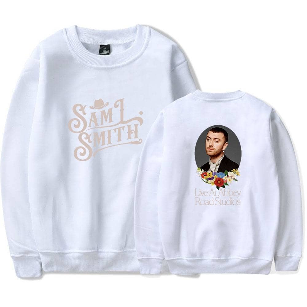 Saml Smith sweatshirt with customized back design featuring a portrait and floral elements, perfect for affordable, trendy apparel.