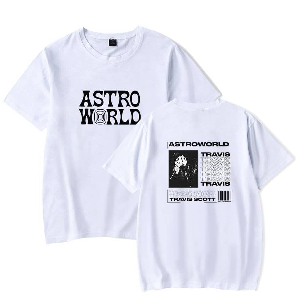 Astro World white graphic T-shirts featuring bold text and artist imagery, perfect for budget-friendly fashion updates.