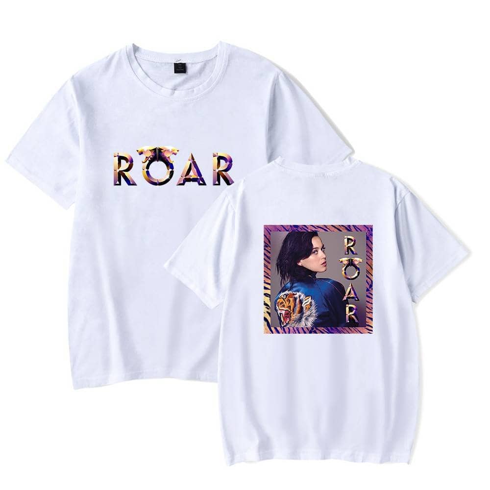 Roar graphic t-shirt, white casual short sleeve tee for men and women latest fashion trend.