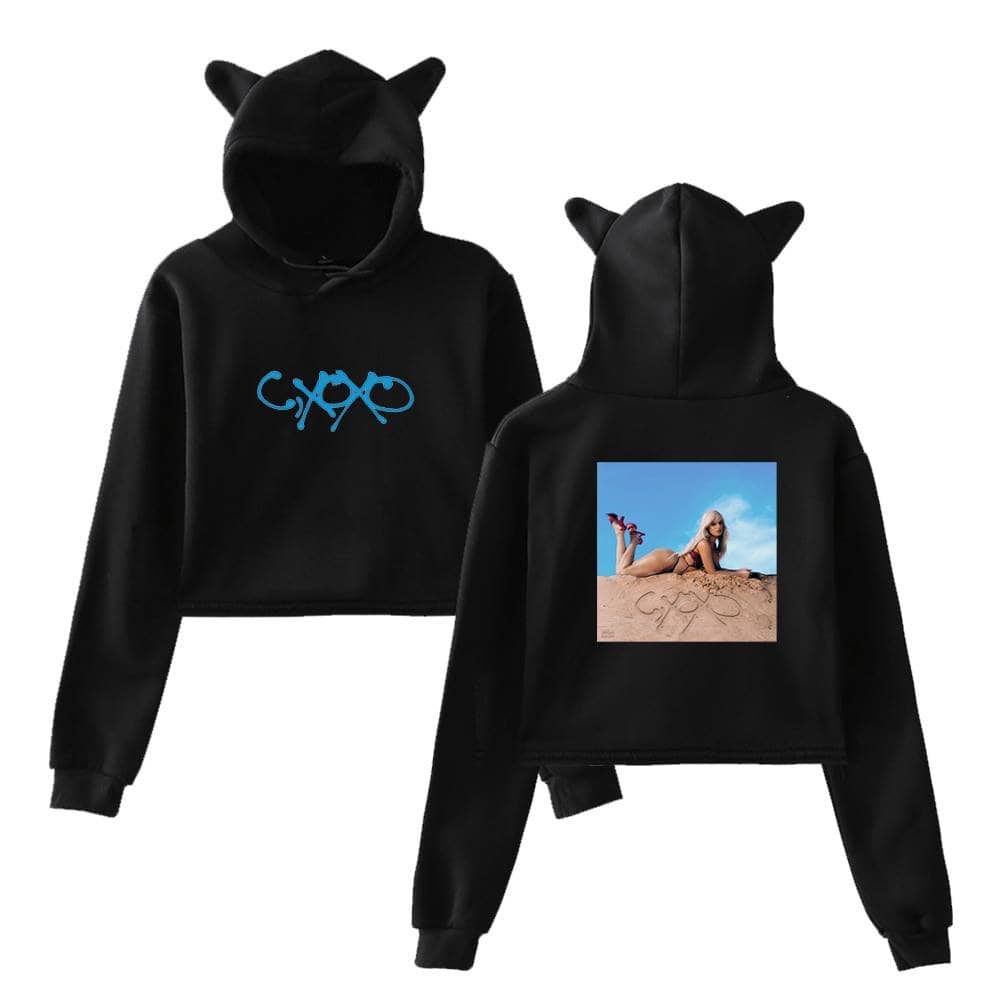 Cyco hoodie with cat ears design, featuring a front blue logo and a back photo print of a woman on the beach, stylish and affordable latest cheap apparel.