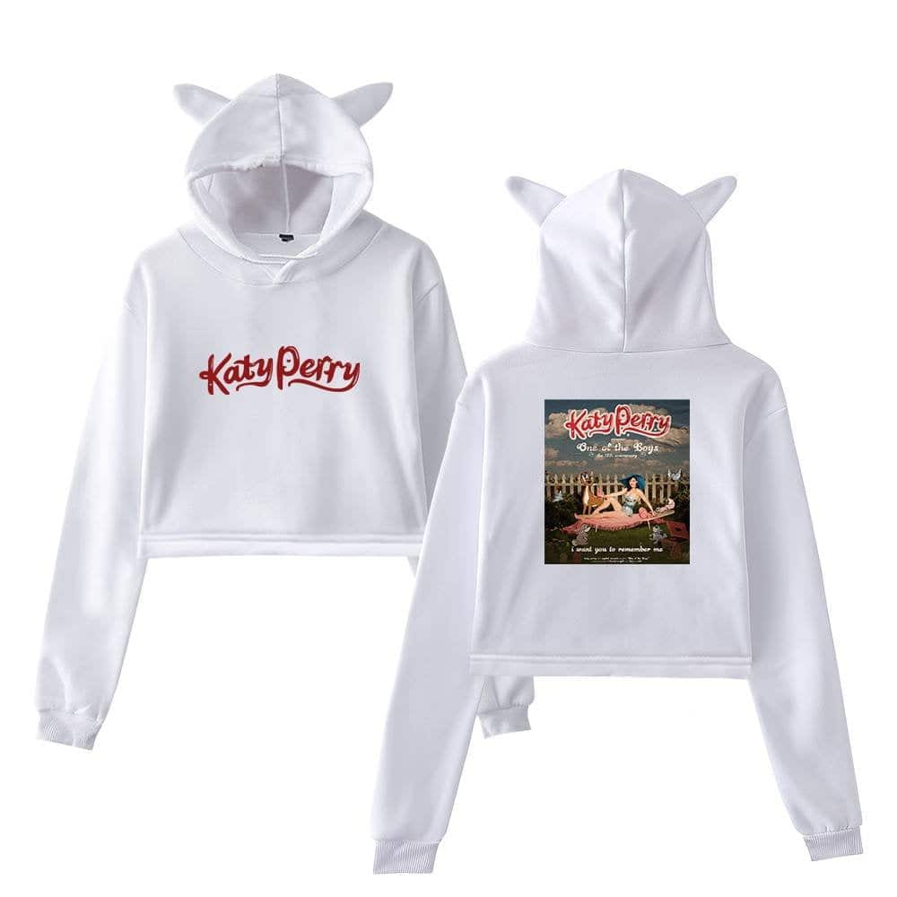 White hooded sweatshirt with Katy Perry logo and graphic print, featuring cat ears on the hood, perfect for latest cheap apparel trends.