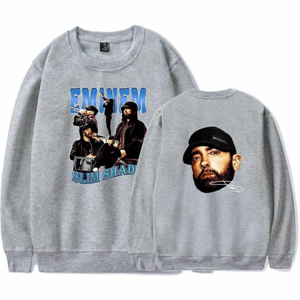 Latest cheap apparel sweatshirt with graphic design featuring artists and bold text, in grey color, ideal for casual wear and street fashion enthusiasts.