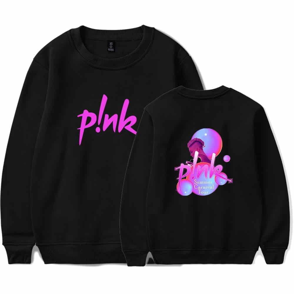 P!nk summer carnival tour black sweatshirt, latest cheap apparel for fans, trendy and affordable casual wear, vibrant graphic design, comfortable unisex sweatshirt, perfect for concerts and casual outings.