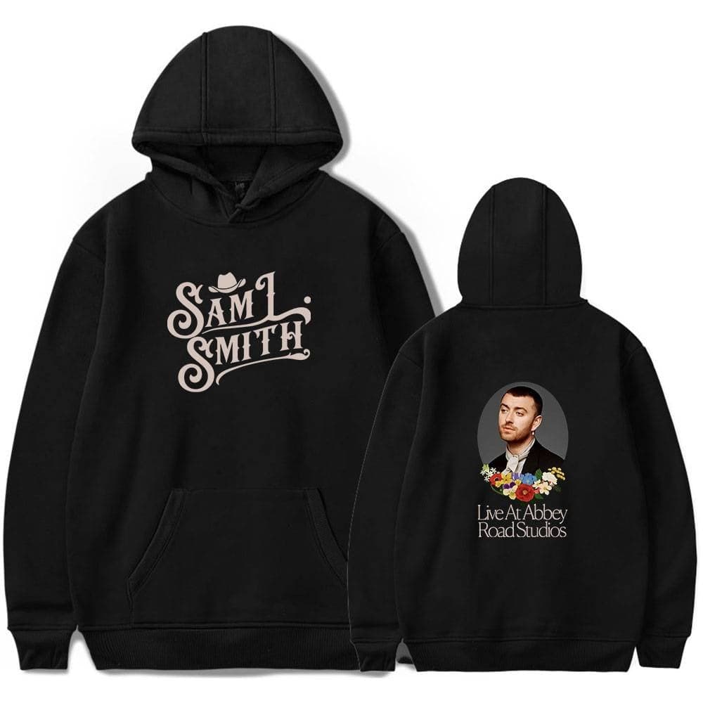 Saml smith hoodie with custom back design, black sweatshirt featuring a portrait and floral element, latest cheap apparel.