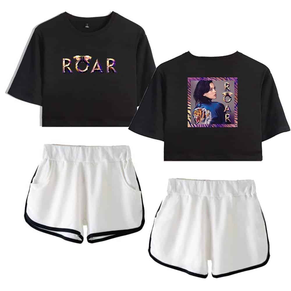 Roar graphic crop tops and athletic shorts for women, trendy and affordable sportswear for casual or active wear.