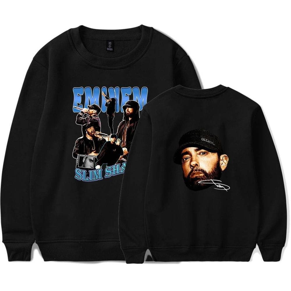 Emm Slim Shady band graphic black sweatshirt, latest cheap apparel for casual and streetwear style, featuring Eminem artwork and signature design.