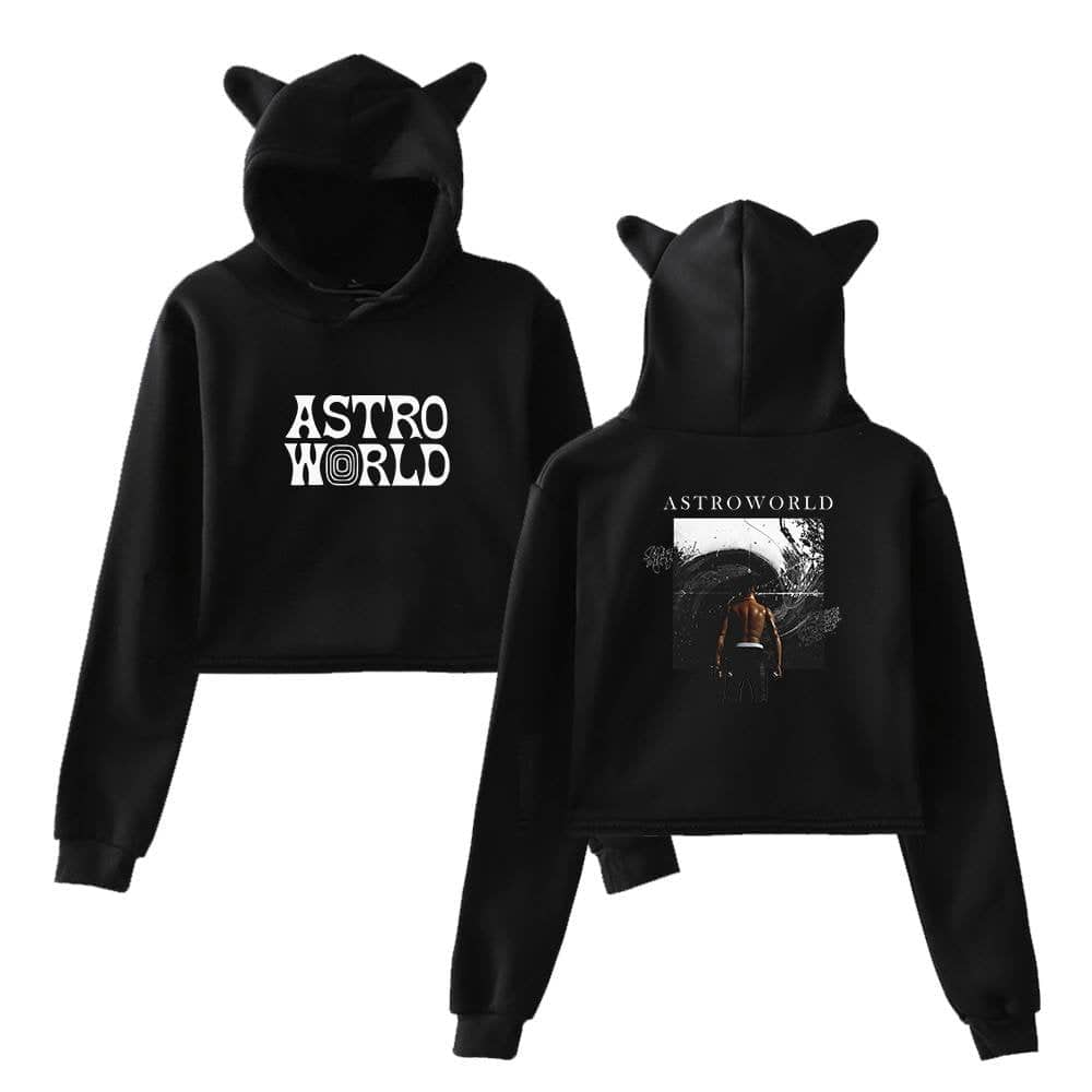 Black hoodie with cat ears and "ASTRO WORLD" print on front, stylish and trendy latest cheap apparel.
