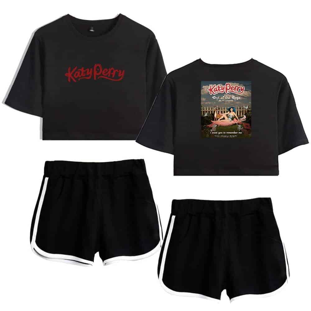 Katy Perry black cropped t-shirt with red logo and album artwork.