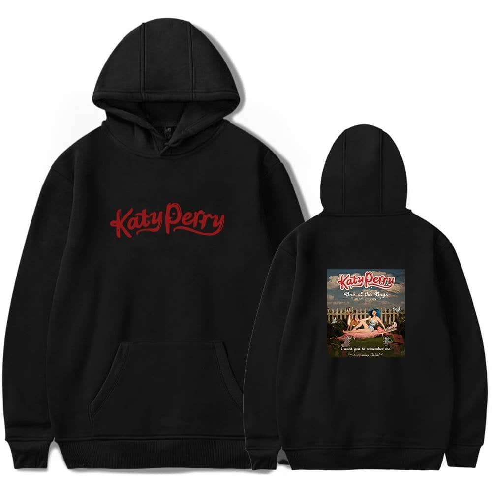Katy Perry hoodie with album artwork on the back, black sweatshirt featuring stylish design.
