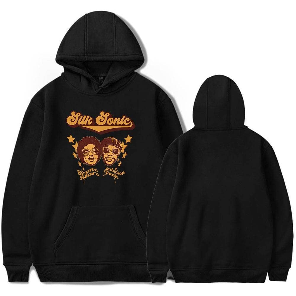 Silk sonic hoodie with graphic print of Bruno Mars and Anderson .Paak in warm color tones, latest cheap apparel, comfortable casual streetwear design, unisex pullover hoodie for music fans.