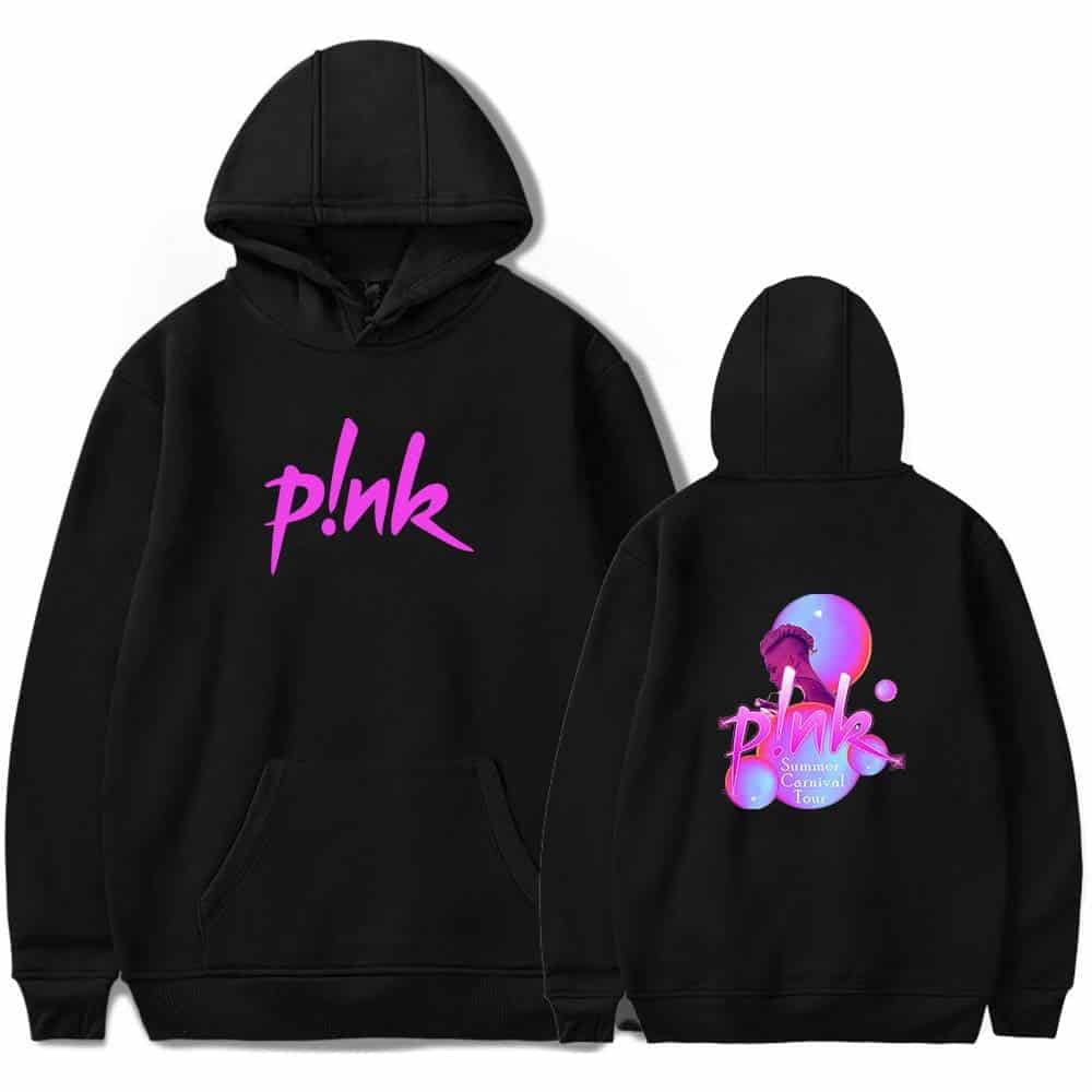 Pink summer carnival tour hoodie with vibrant graphic design, featuring playful text and colorful elements, perfect for casual wear and festival fun.