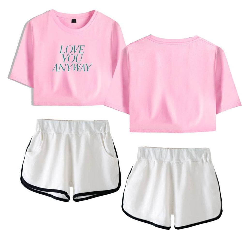 Love you anyway pink cropped t-shirt and white athletic shorts set.