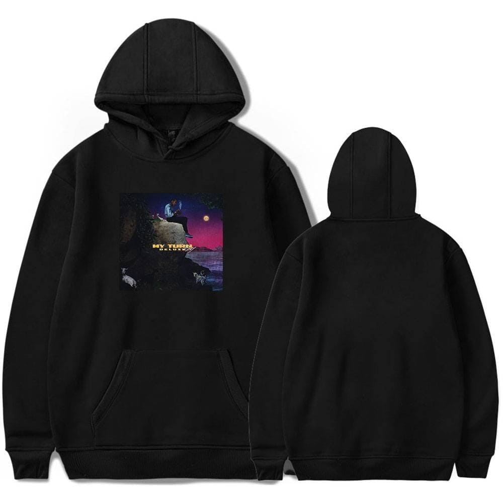 Comfy black hoodie with a colorful graphic of a person sitting on a ledge against a moonlit sky, perfect for casual wear.