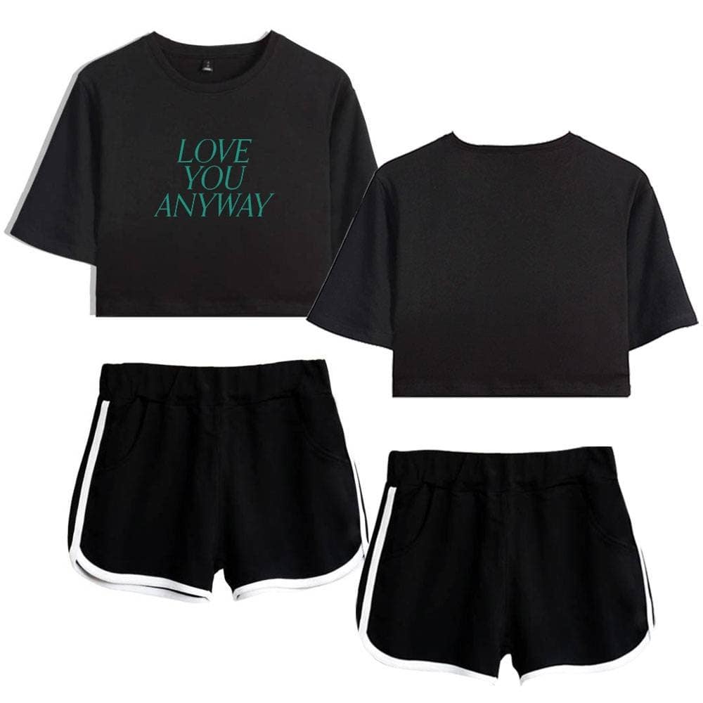 Black cropped t-shirts with the words "LOVE YOU ANYWAY" in teal, paired with black athletic shorts featuring white trim, designed for casual and sporty wear.