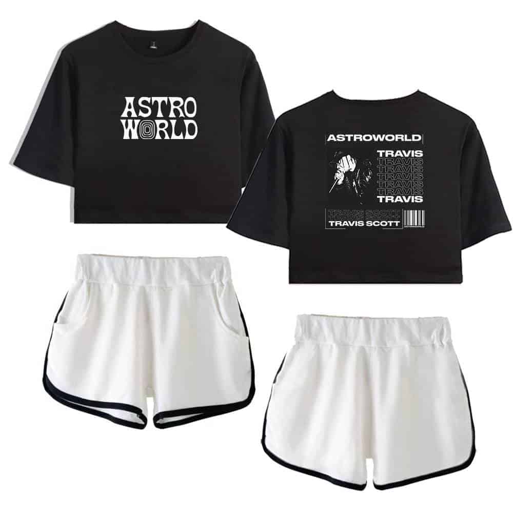 Astro World graphic crop top and Travis Scott printed black T-shirt with white athletic shorts. Stylish, casual, and affordable apparel for streetwear or lounging.