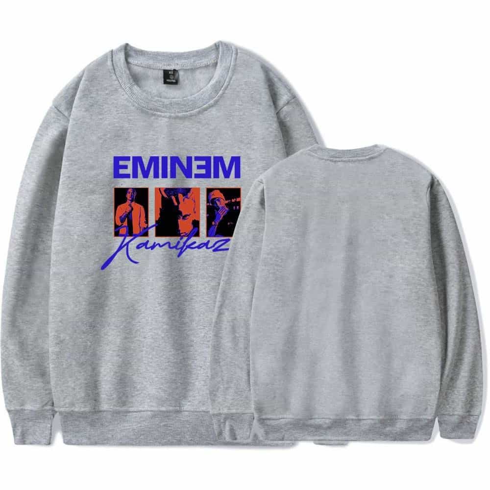 EmDENIM Kamipada grey sweatshirt, latest cheap apparel, featuring a graphic print of Eminem in vibrant colors, perfect for casual wear and trendy street style.