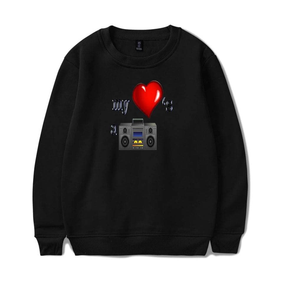 My heart is a speaker sweatshirt, cheap trendy apparel, casual black sweatshirt with music-themed design, ideal for latest affordable fashion options, perfect for everyday wear, music lover gift, latest cheap apparel, comfortable and stylish.