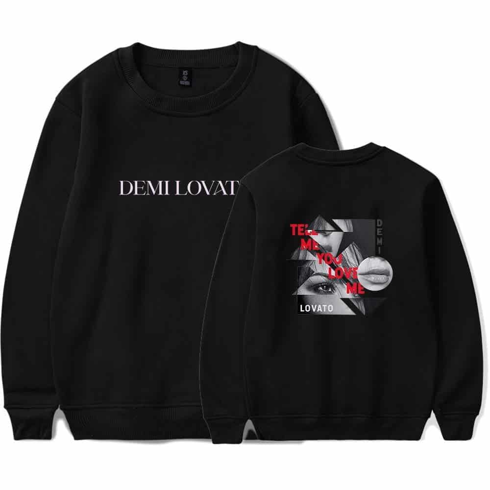 Black sweatshirt with Demi Lovato print, latest cheap apparel, unisex stylish casual wear, graphic hoodie for fans and trendy individuals, affordable price, comfortable cotton blend fabric, perfect for everyday casual outfits.