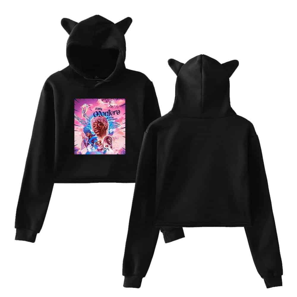 Black hoodie with colorful manga-style graphic, cat ears on hood, trendy and affordable casual wear for teens and young adults, latest cheap apparel.