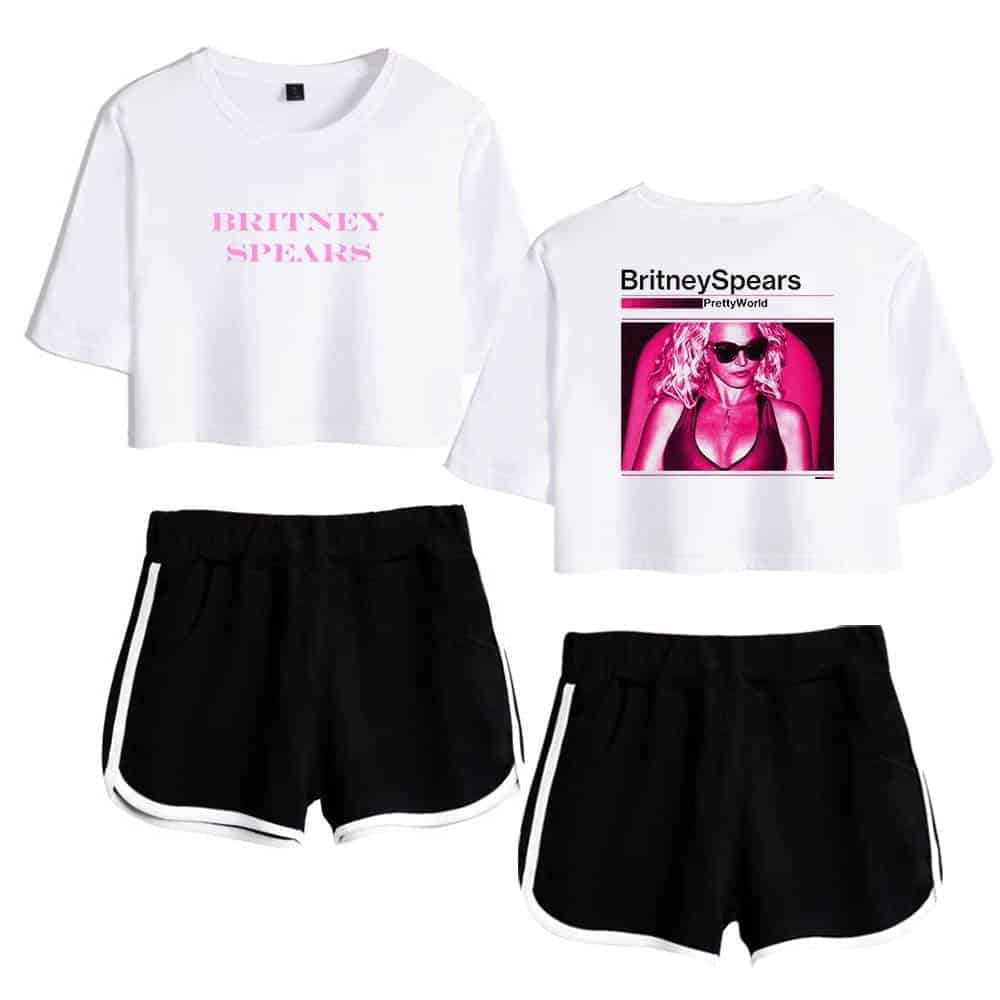 Cute casual crop top and shorts set featuring Britney Spears graphic design, perfect for trendy and affordable summer fashion latest cheap apparel.