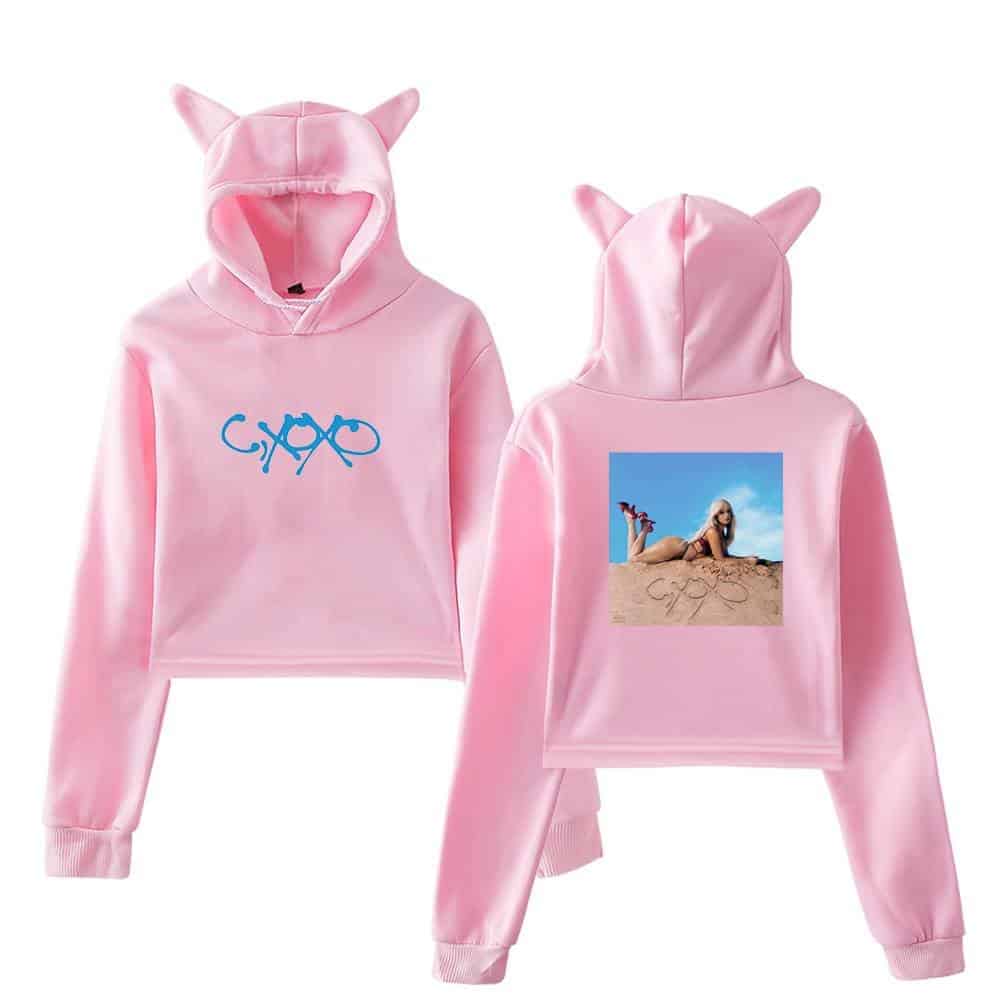 Newest pink hoodie and sweatpants set with playful cat ears design, featuring a graphic print on the back and a stylish logo on the front, perfect for casual wear or lounge attire.