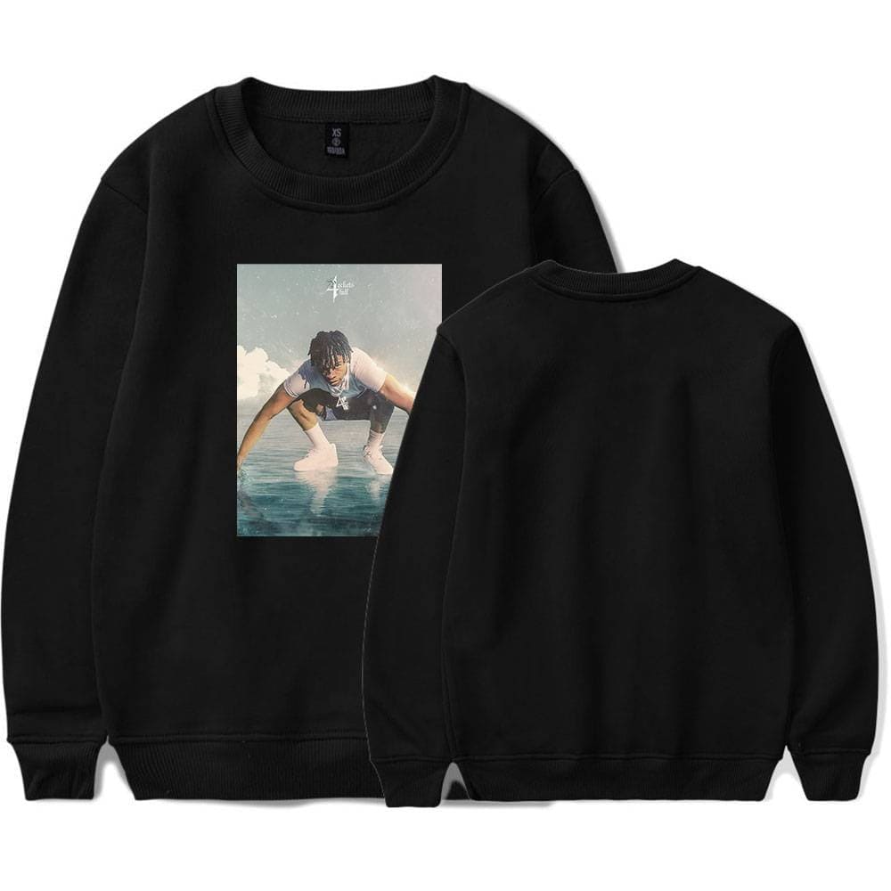 Fashionable black sweatshirt featuring a trending graphic print of a young man in an urban setting, perfect for casual wear and budget-friendly style.